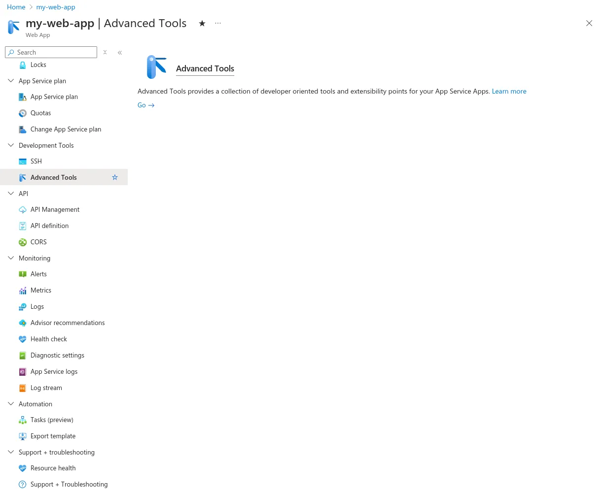 The Advanced Tools blade in the Azure Portal for an App Service instance. Contains a short description and a \