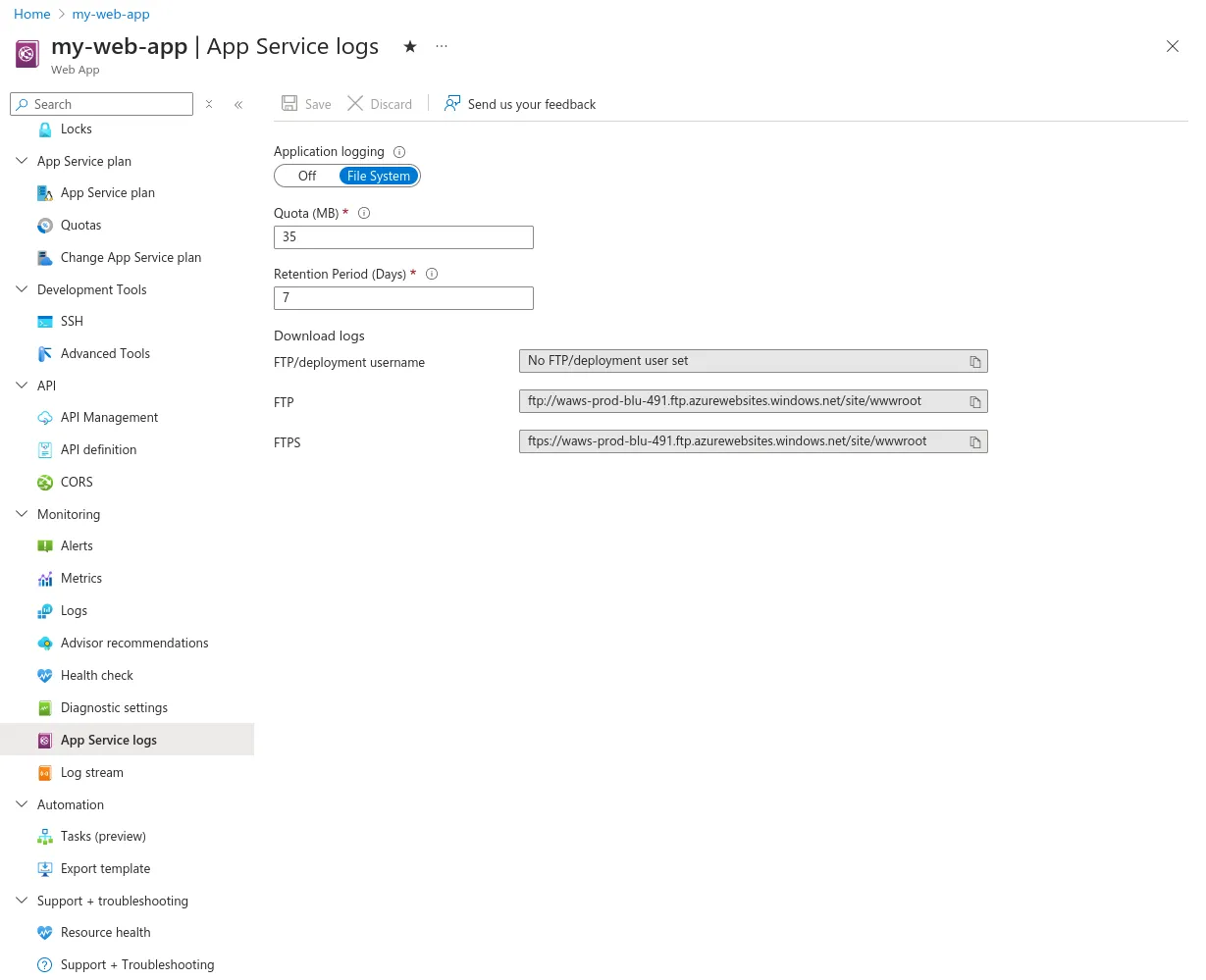 The App Service Logs blade in the Azure portal