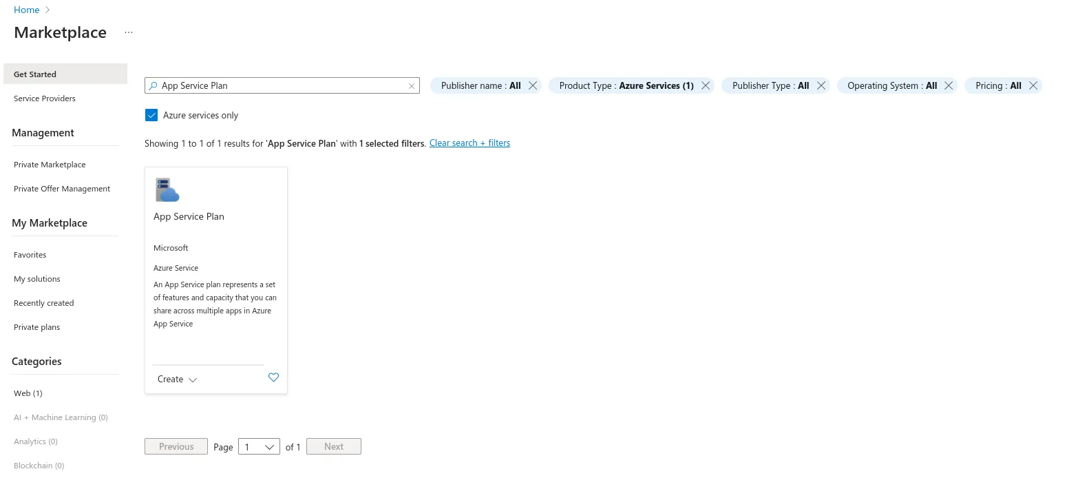 The Azure Marketplace with "App Service Plan" as the search term and "Azure services only" checked. There is one result called "App Service Plan" by Microsoft.