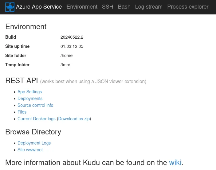 The Kudu page for the App Service instance. Includes various options, including a link to download Docker logs.