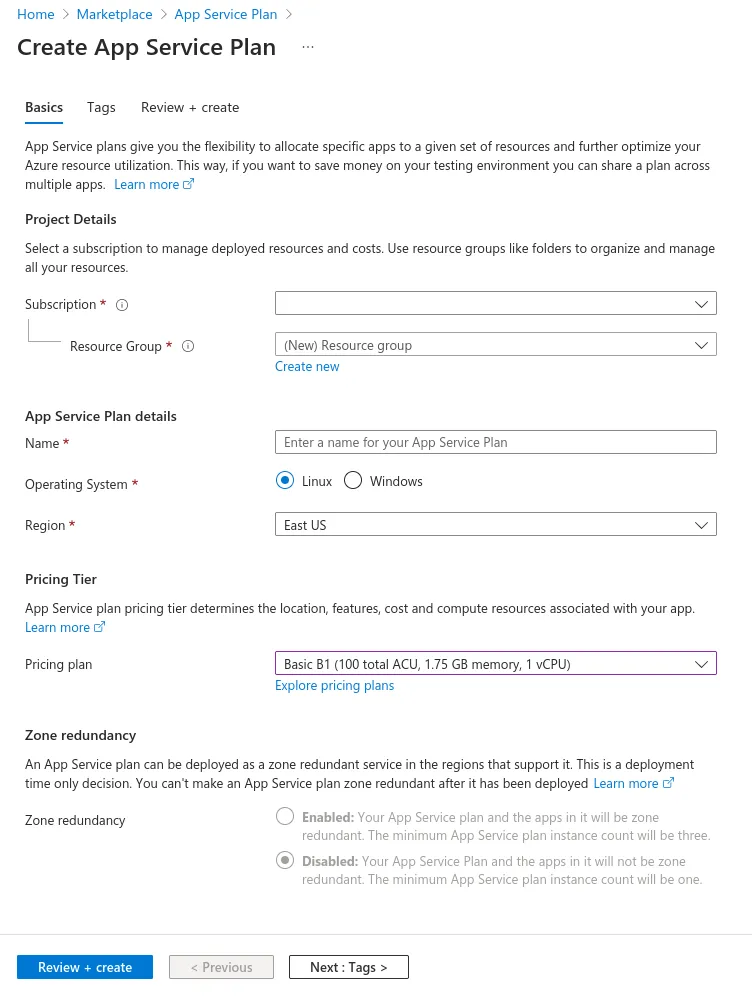 A form to create an App Service Plan. Notable fields include Subscription, Resource Group, Name, Operating System, Region, and Pricing Plan.