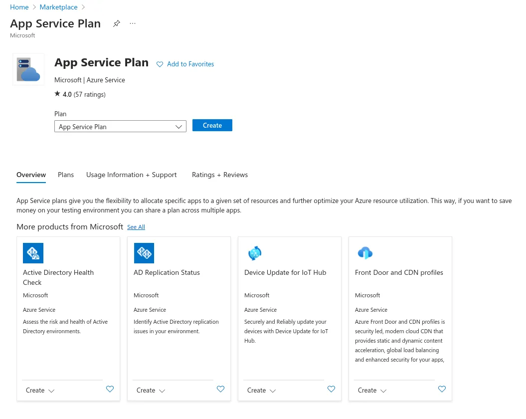 The marketplace listing for Microsoft Azure&#x27;s App Service Plan.