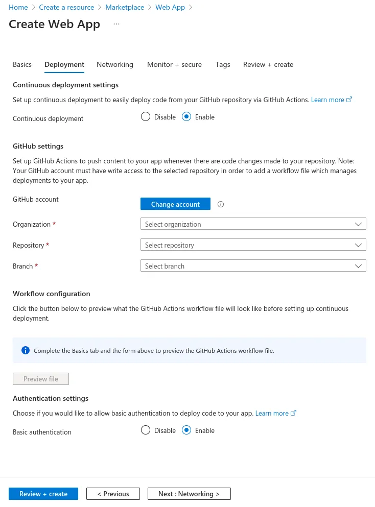 The "Deployment" section of the "Create Web App" form in the Azure portal. Includes an option to enable continuous deloyment and fields for GitHub Account, organization, repository, and branch.