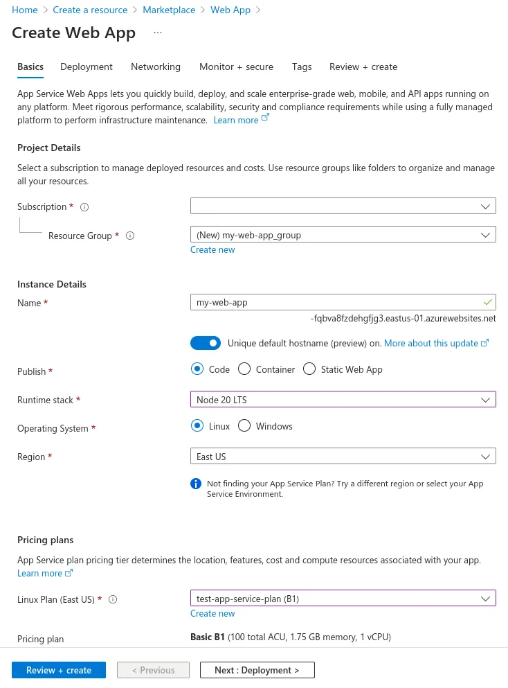 The "Create Web App" form in the Azure portal. Includes fields for Subscription, Resource Group, App name, runtime stack (Node.js), OS, region, and ASP.