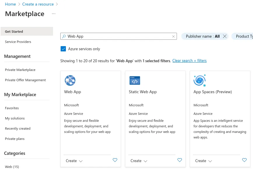 The Azure Marketplace with \