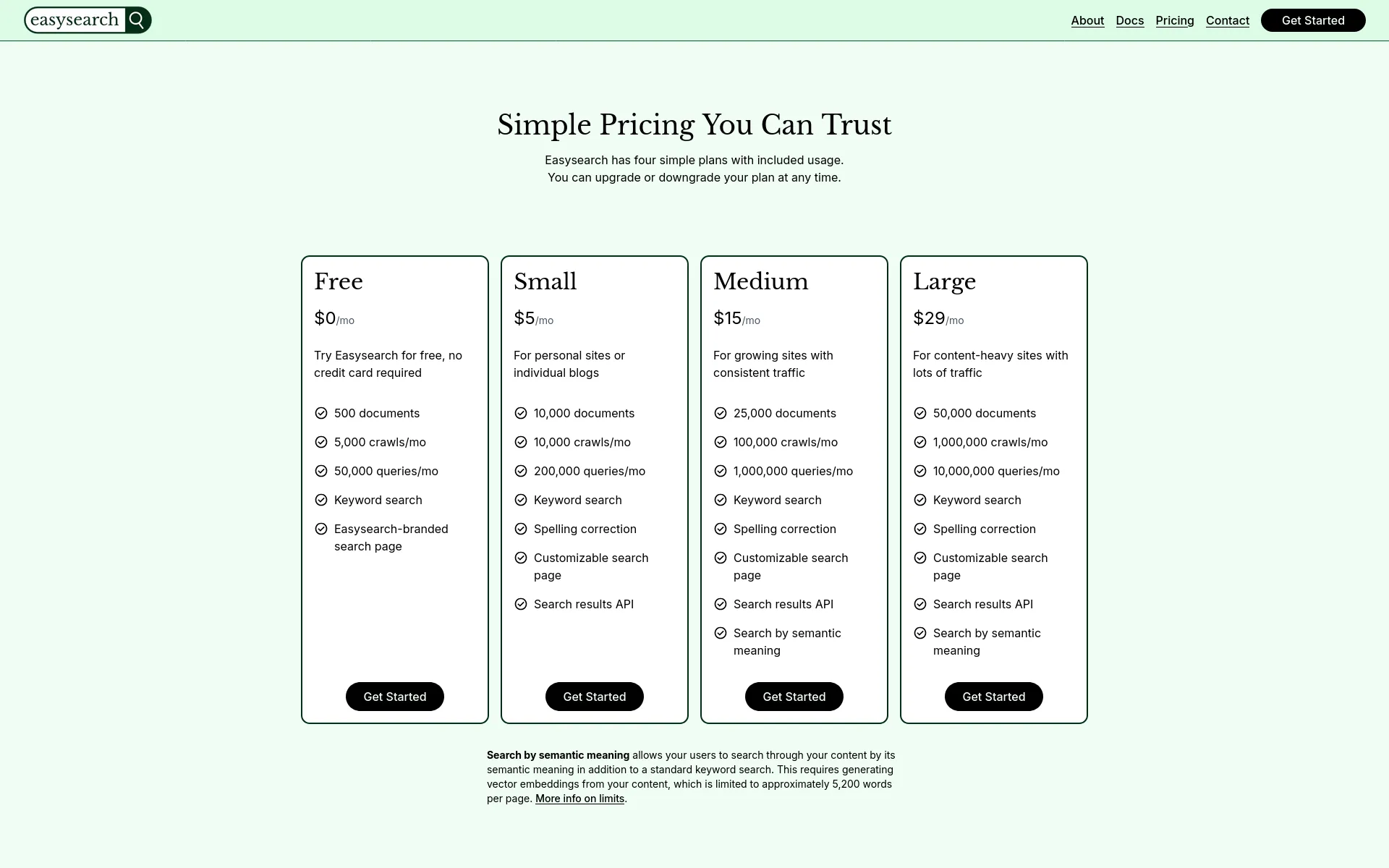 Easysearch pricing page. The header says \