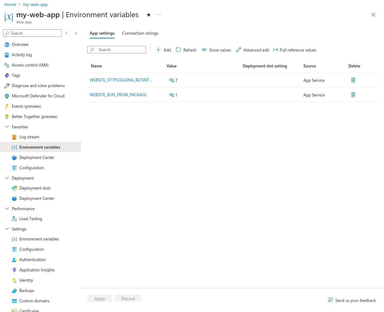 The environment variables blade in the Azure portal for an App Service instance. Contains buttons to add and delete variables and edit existing ones. Has an "Apply" button at the bottom.